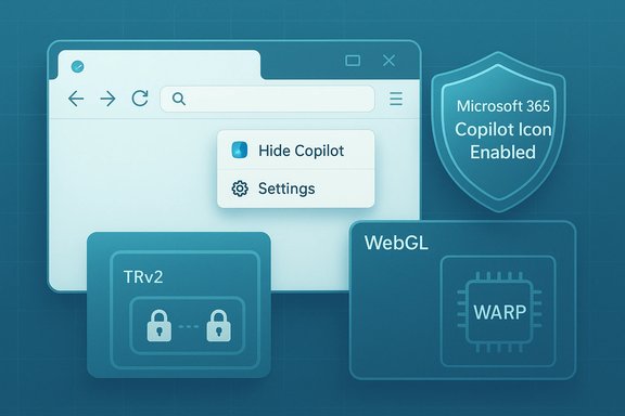 Blue infographic showing a browser window with Copilot options, security shields, and WebGL/WARP icons. Blue infographic showing a browser window with Copilot options, security shields, and WebGL/WARP icons.