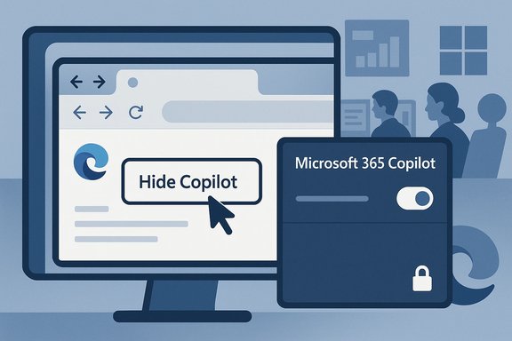 A computer screen shows a 'Hide Copilot' option and a Microsoft 365 Copilot toggle. A computer screen shows a 'Hide Copilot' option and a Microsoft 365 Copilot toggle.