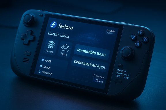A handheld gaming console running Fedora Linux, featuring Immutable Base and containerized apps.