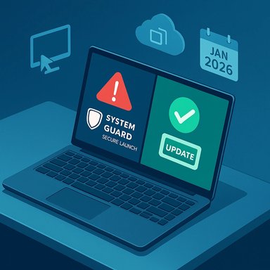 A laptop screen shows a System Guard warning with secure launch on the left and a green update check on the right.