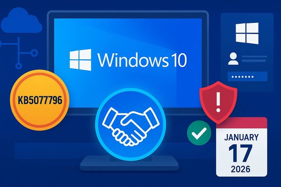 Windows 10 illustration featuring security badges (KB5077796), a handshake icon, shield, and a calendar date.
