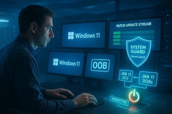 A technician monitors Windows 11 displays and a patch update stream in a high-tech data room.