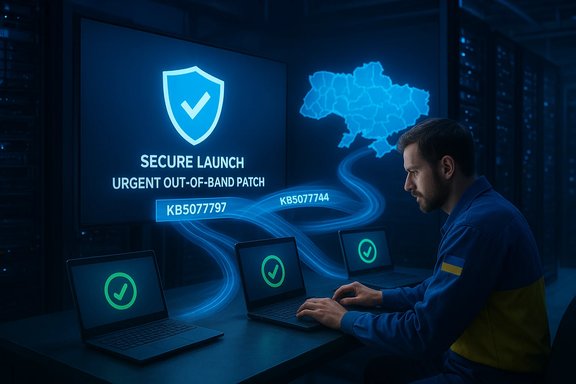A technician in a data center monitors urgent out-of-band patch rollout on laptops.