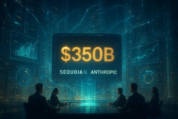 A futuristic boardroom displays a $350B valuation for Sequoia Anthropic.