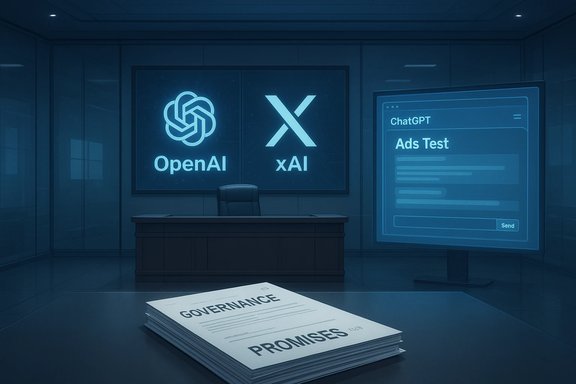A futuristic briefing room with OpenAI and xAI logos, a ChatGPT ads test, and governance promises.