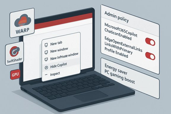 An isometric laptop with floating panels showing tabs, admin policies, and GPU optimizations.
