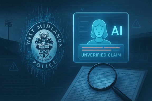 An AI verification screen shows an unverified claim beside the West Midlands Police badge.