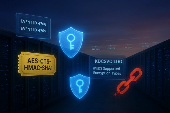 Futuristic data center with neon encryption icons, security shields, and a glowing chain.