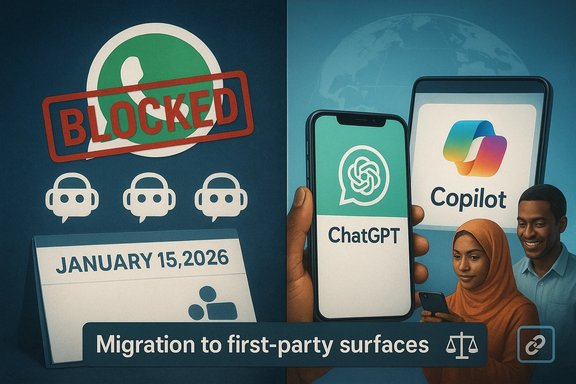 Illustration showing blocked third-party AI services and migration to first-party tools like ChatGPT and Copilot.