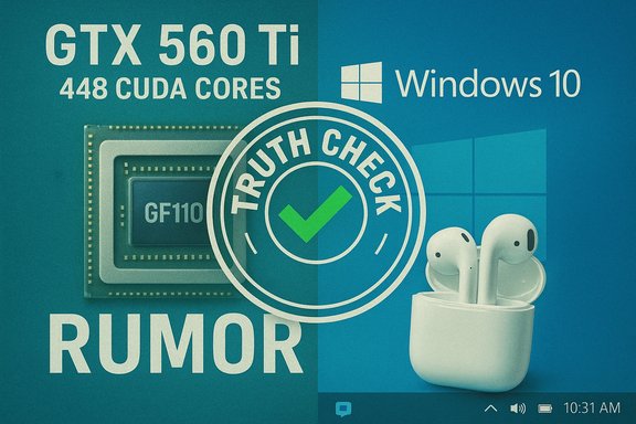 RUMOR debunked: truth-check seal over GTX GPU and Windows 10 visuals.