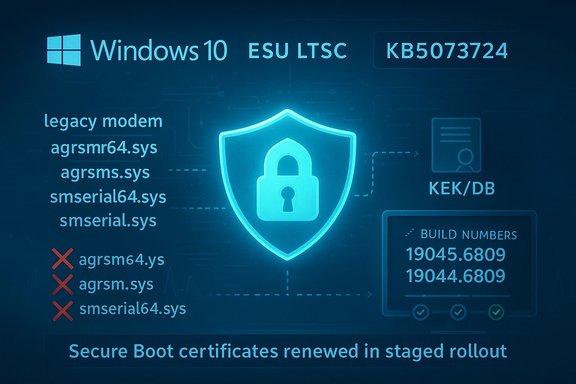 A Windows 10 security infographic showing a blue shield, padlock, and boot-file rollout.
