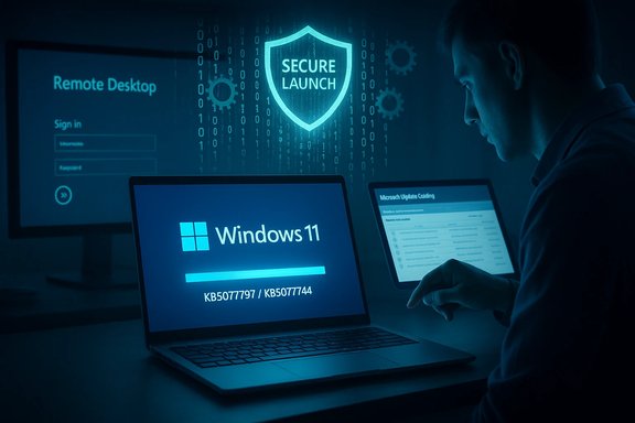 A person uses a Windows 11 laptop in a cybersecurity setup with a Secure Launch shield.