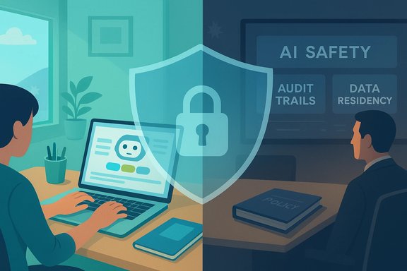 Split-screen: a coder at a laptop and a policy briefing, overlaid by a shield and lock.
