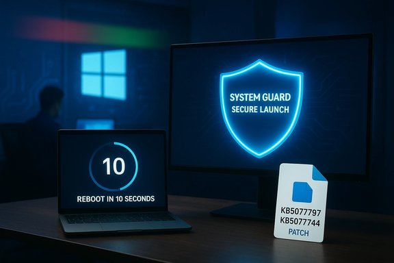 Blue-lit cybersecurity scene: System Guard shield on the monitor and a 10-second reboot countdown on the laptop. Blue-lit cybersecurity scene: System Guard shield on the monitor and a 10-second reboot countdown on the laptop.