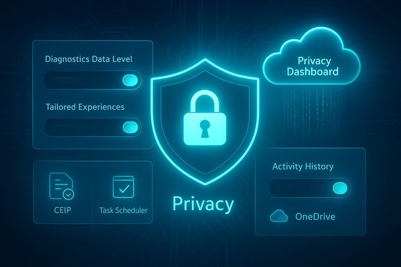 Glowing blue privacy dashboard with a shielded lock and security controls.