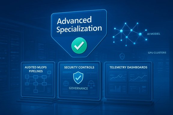 A blue tech infographic showing 'Advanced Specialization' with MLOps, governance, and telemetry panels.