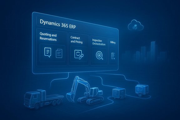 Blue holographic diagram of Dynamics 365 ERP modules for construction, with trucks and machinery.