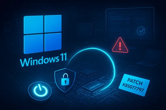 Neon blue Windows 11 scene with security icons, a patch KB5077797, and a warning symbol.