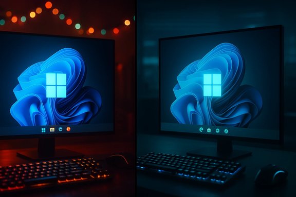 Two monitors side-by-side display blue Windows wallpaper with glowing keyboards and soft bokeh lights.