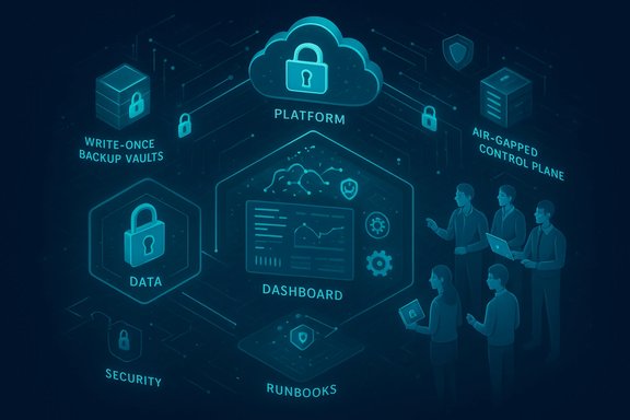 Illustration of a cloud platform with a central dashboard and secure data locks.