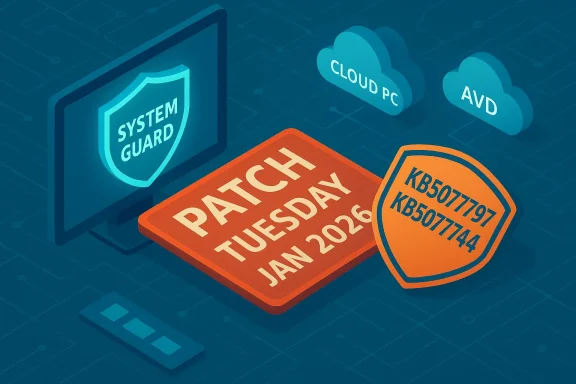 Patch Tuesday 2026 security update shown with a System Guard shield and cloud services. Patch Tuesday 2026 security update shown with a System Guard shield and cloud services.