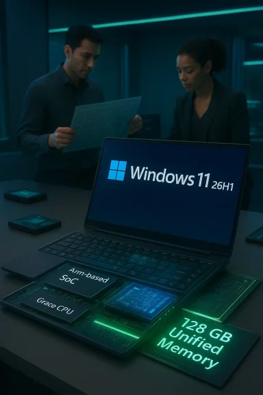 A laptop displays Windows 11 26H1 with 128 GB unified memory during a tech briefing. A laptop displays Windows 11 26H1 with 128 GB unified memory during a tech briefing.