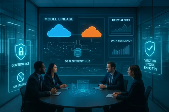 Team in a high-tech conference room watching holographic dashboards on cloud deployment and analytics.