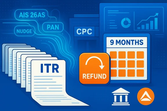 Blue infographic of Indian tax filing: ITR forms, refunds, and a 9-month calendar.