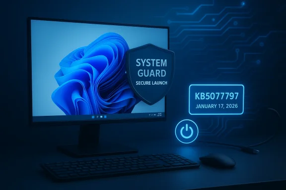 A computer monitor displays a shield badge reading “SYSTEM GUARD” and “SECURE LAUNCH” with neon security graphics.