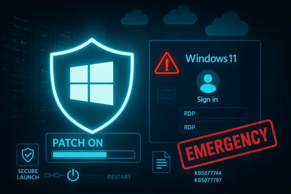 A Windows security dashboard shows a patch in progress amid an emergency alert. A Windows security dashboard shows a patch in progress amid an emergency alert.