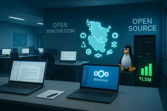 Open-source tech lab featuring a glowing map, Tux penguin, and Nextcloud laptops.