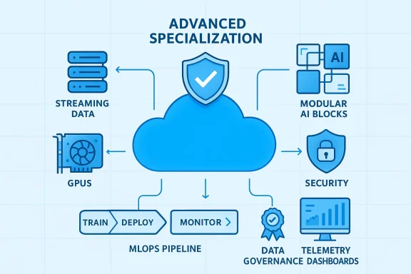 Cloud-based Advanced Specialization diagram for ML/AI with streaming data, GPUs, AI blocks, security, and ML Ops.