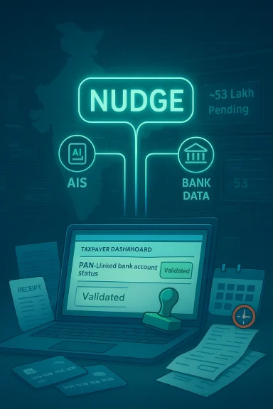 Neon “NUDGE” diagram links AI and bank data to a taxpayer dashboard on a laptop. Neon “NUDGE” diagram links AI and bank data to a taxpayer dashboard on a laptop.