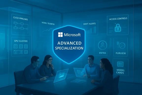 Team of professionals in a meeting around a glowing Microsoft Advanced Specialization shield with data panels.