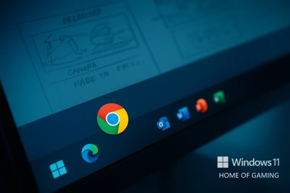 Chrome icon on Windows 11 taskbar with a Windows 11 Home of Gaming watermark.