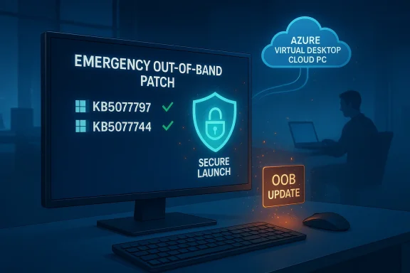 Emergency out-of-band patch status on a monitor beside an Azure Virtual Desktop cloud PC.