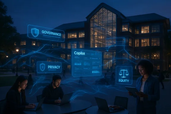 Students work at laptops beneath glowing holographic panels labeled Governance, Privacy, Copilot, and Equity.