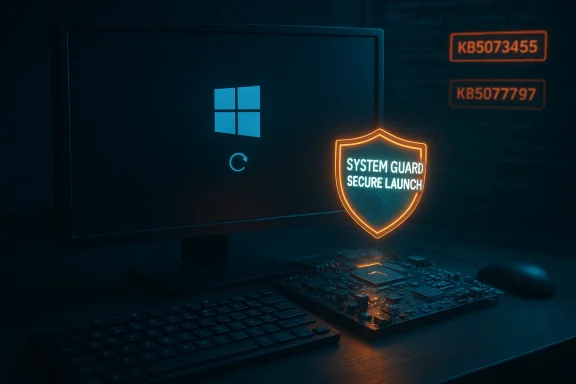 Windows PC with a glowing System Guard Secure Launch shield beside the motherboard.