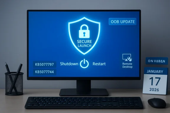 A computer monitor glows blue with a 'Secure Launch' shield and update/restart options.