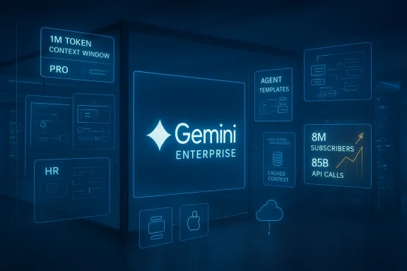 A futuristic blue data center displays Gemini Enterprise dashboards and metrics.