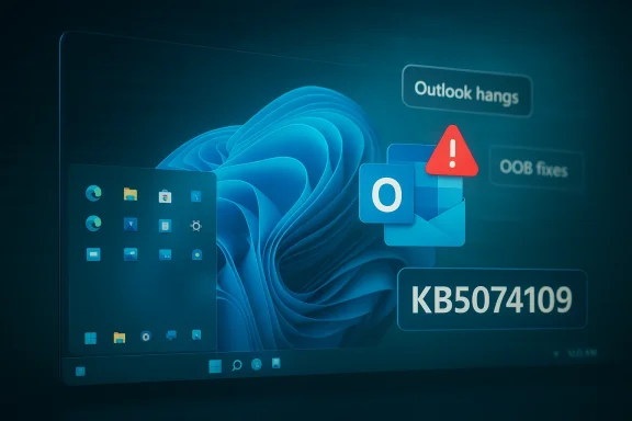 Windows-style desktop showing an Outlook warning and code KB5074109.