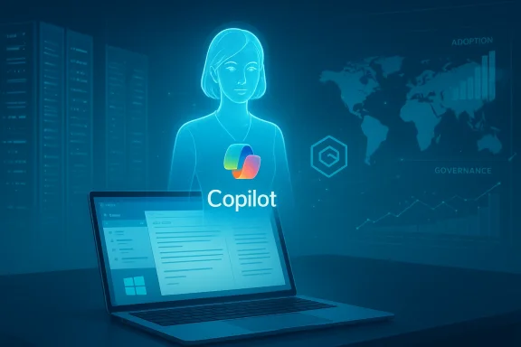 A holographic Copilot assistant hovers over a laptop in a high-tech data center.