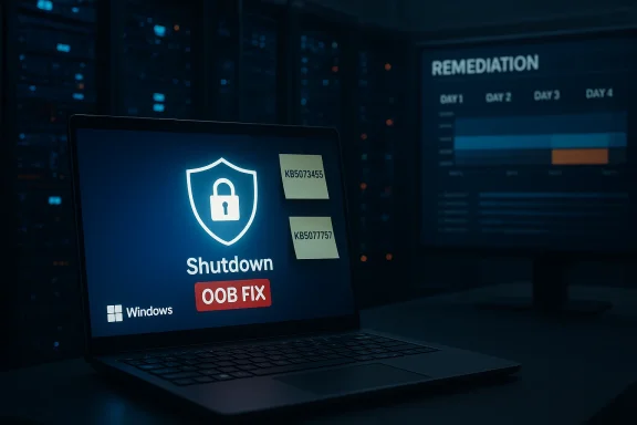 Blue-lit server room; laptop shows Shutdown with OOB FIX and patch notes.