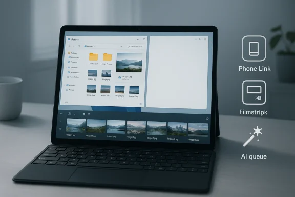A tablet with keyboard on a desk shows a photo library and a filmstrip preview.