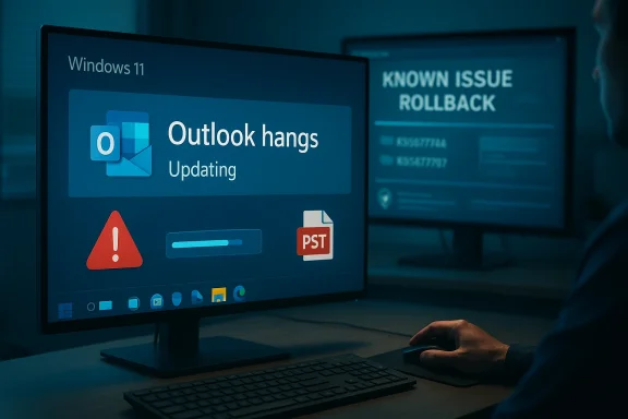 Windows 11 screen shows Outlook hangs updating, with a PST icon; another monitor shows a known issue rollback.