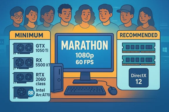 Cartoon infographic listing minimum and recommended PC specs for Marathon at 1080p 60 FPS.