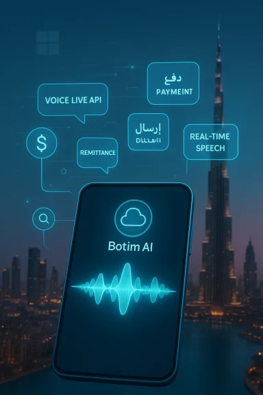Blue, futuristic smartphone screen displays Botim AI with waveform and fintech icons.