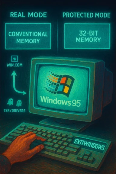 Retro Windows 95 setup showing real vs protected mode memory and an EXIT WINDOWS keyboard.