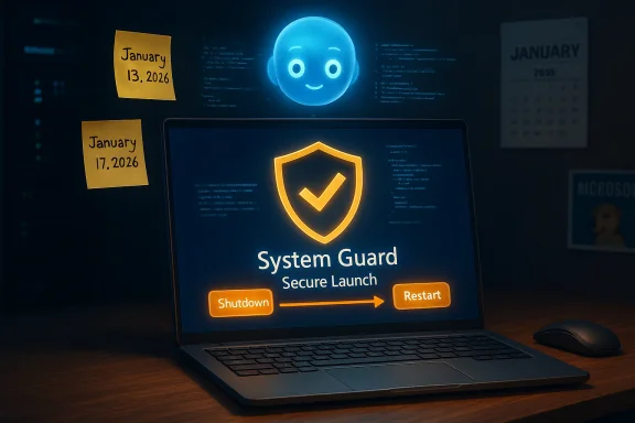 Laptop displays 'System Guard' shield; sticky notes read January 13 and 17, 2026, with a glowing blue AI orb. Laptop displays 'System Guard' shield; sticky notes read January 13 and 17, 2026, with a glowing blue AI orb.