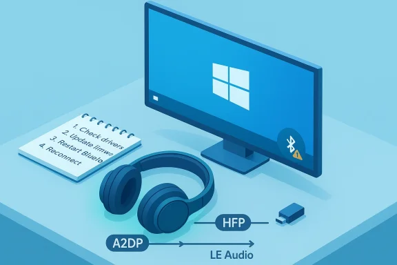 Blue isometric desk scene with Windows PC, headphones, USB dongle, and LE Audio/Bluetooth labels.